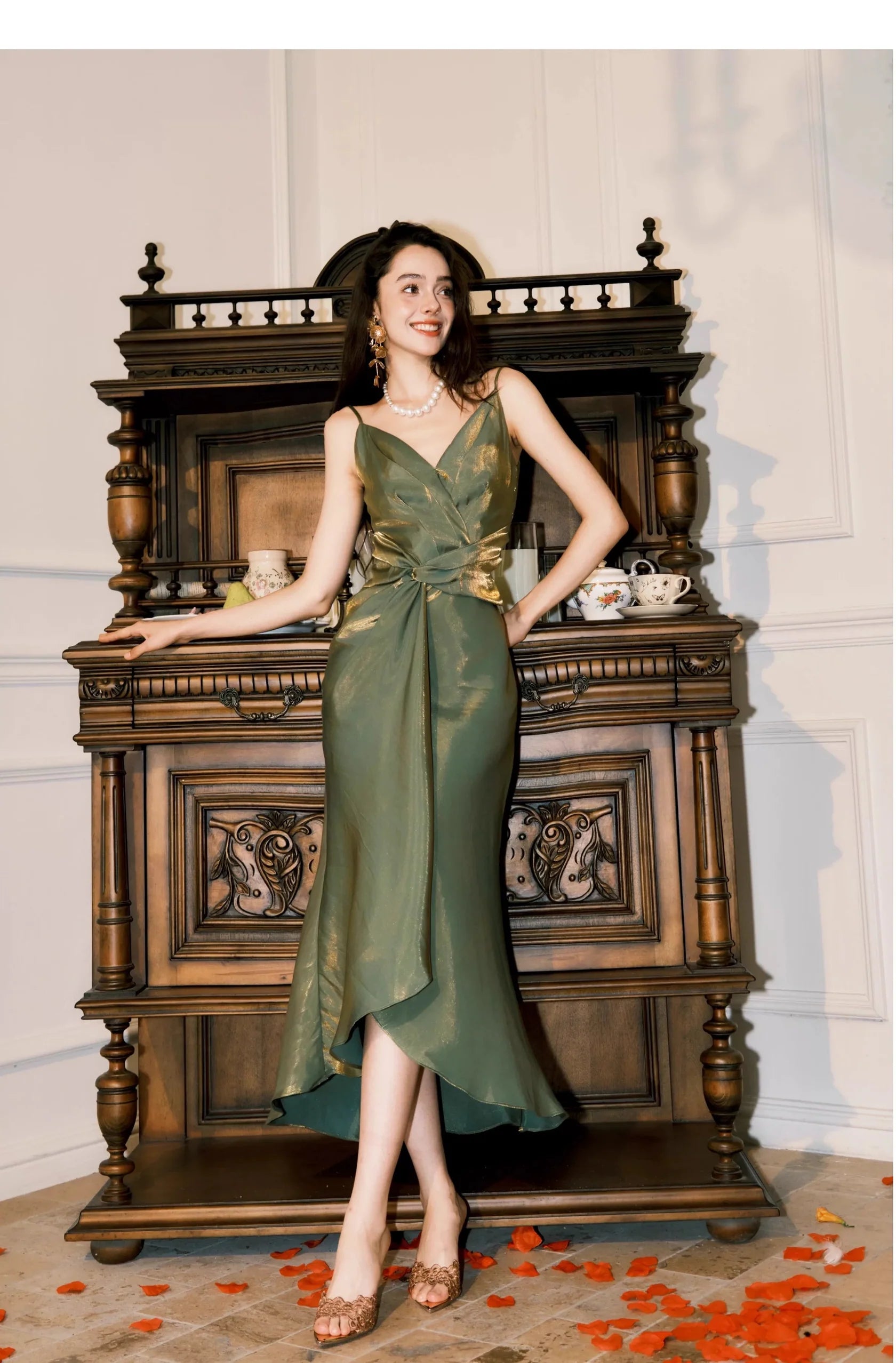 Elegant Mermaid V-Neck Sleeveless Twisted Olive Midi Prom Dress