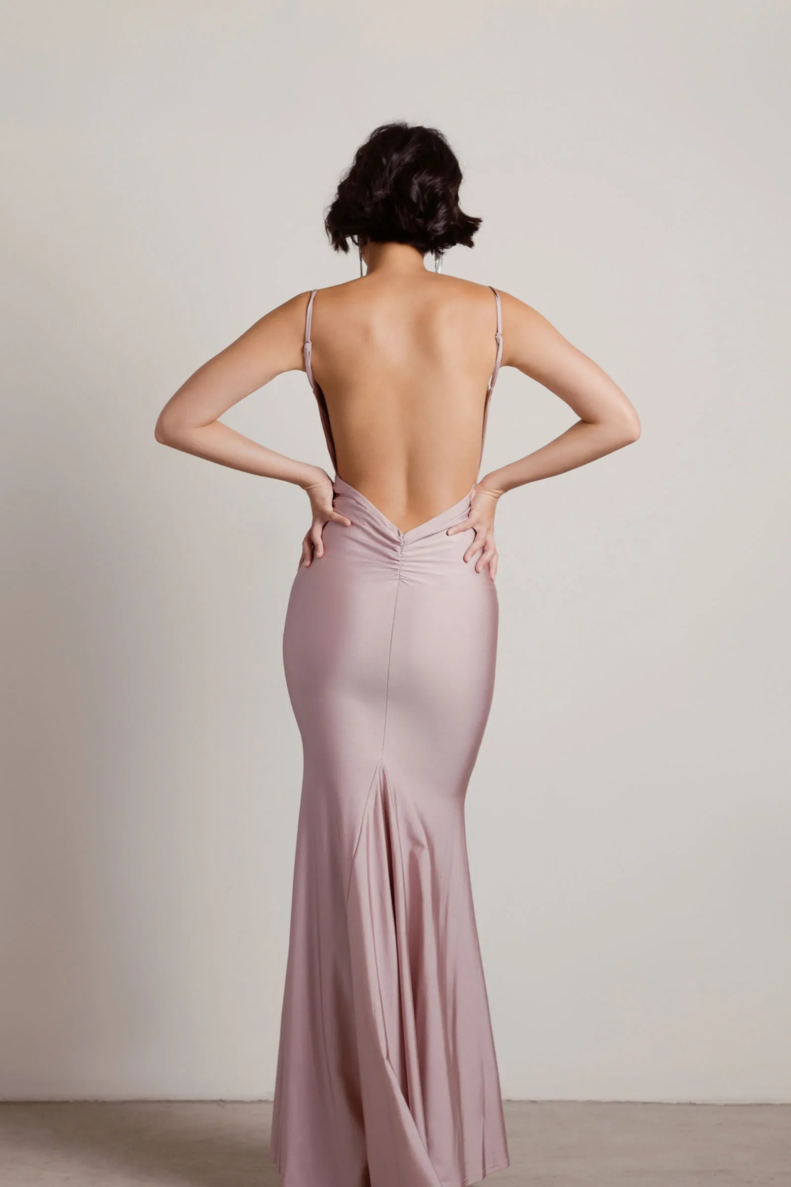 Elegant Mermaid V-Neck Spaghetti-Strap Ruched Backless Ankle-Length Prom Dresses Hot Sale