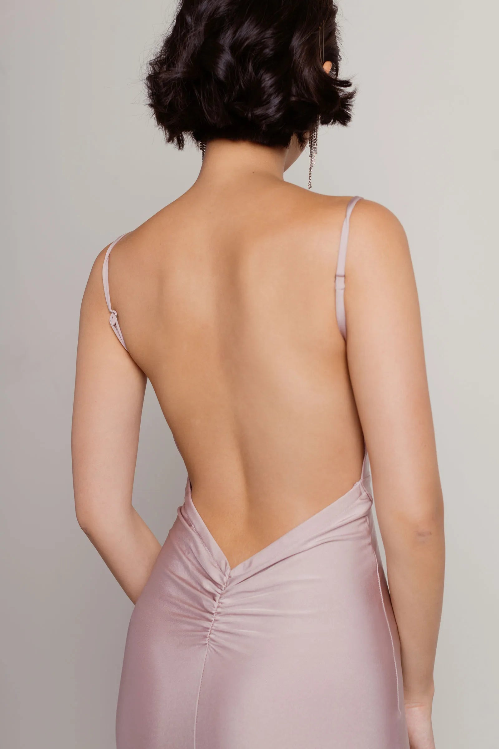 Elegant Mermaid V-Neck Spaghetti-Strap Ruched Backless Ankle-Length Prom Dresses Hot Sale