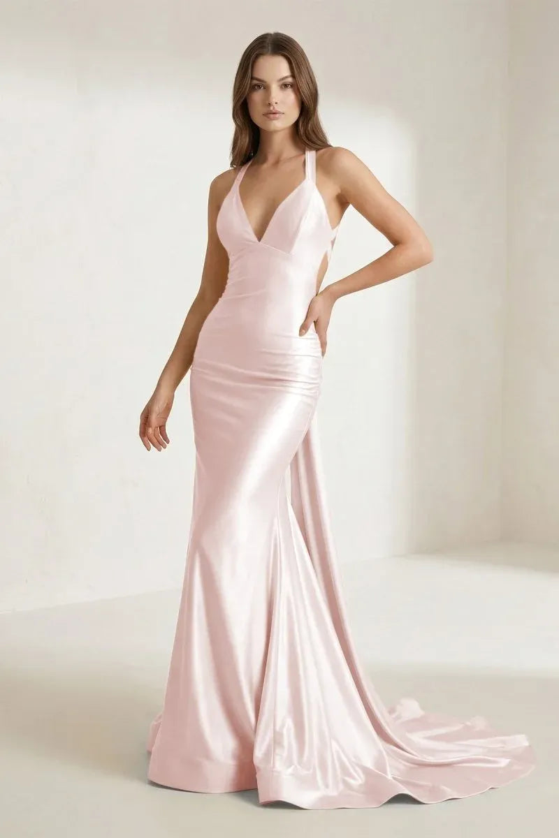 Elegant Mermaid V Neck Ruched Open Back Satin Pink Train Prom Dress