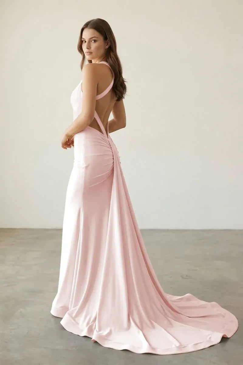 Elegant Mermaid V Neck Ruched Open Back Satin Pink Train Prom Dress