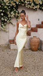 Elegant  Mermaid Yellow Satin Prom Dress with Spaghetti Straps V Neck Waist Design for women Formal