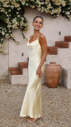 Elegant  Mermaid Yellow Satin Prom Dress with Spaghetti Straps V Neck Waist Design for women Formal