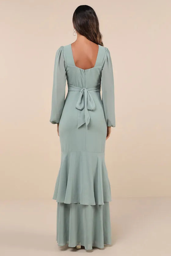 Elegant Mint Green Chiffon Evening Gown with Plunging V - Neck Sheer Lantern Sleeves  Tiered Slit Mermaid Skirt Perfect for Sophisticated Formal Galas