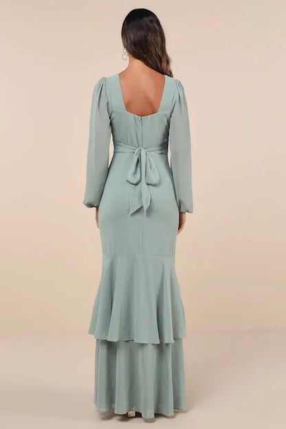 Elegant Mint Green Chiffon Evening Gown with Plunging V - Neck Sheer Lantern Sleeves  Tiered Slit Mermaid Skirt Perfect for Sophisticated Formal Galas