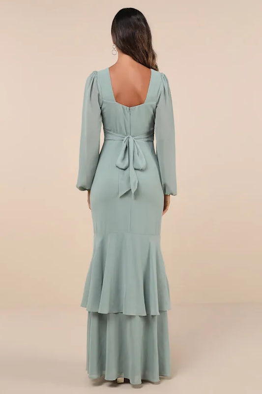 Elegant Mint Green Chiffon Evening Gown with Plunging V - Neck Sheer Lantern Sleeves  Tiered Slit Mermaid Skirt Perfect for Sophisticated Formal Galas
