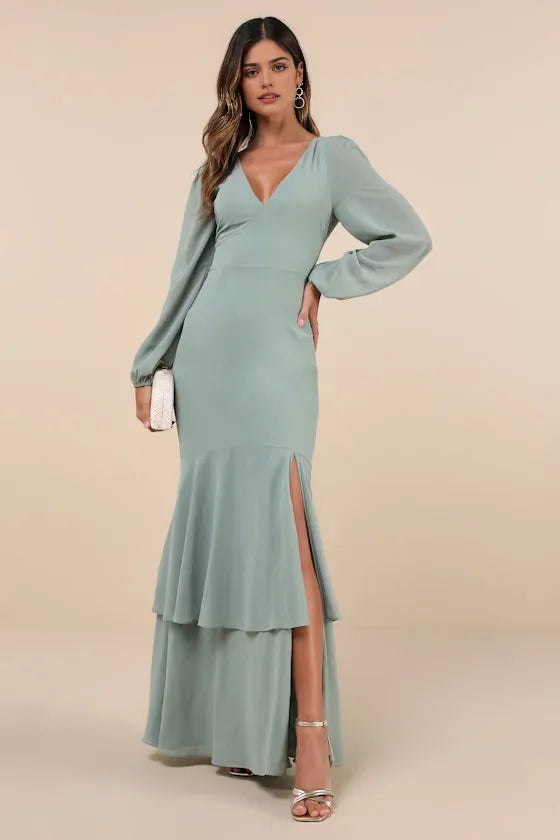 Elegant Mint Green Chiffon Evening Gown with Plunging V - Neck Sheer Lantern Sleeves  Tiered Slit Mermaid Skirt Perfect for Sophisticated Formal Galas