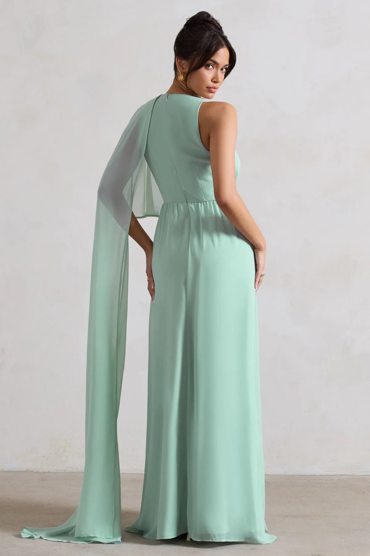 Elegant Mint Green Chiffon Prom Dresses Deep V Neck Cross Wrap Waist Asymmetric Cape Sleeve A Fusion of Grace and Drama