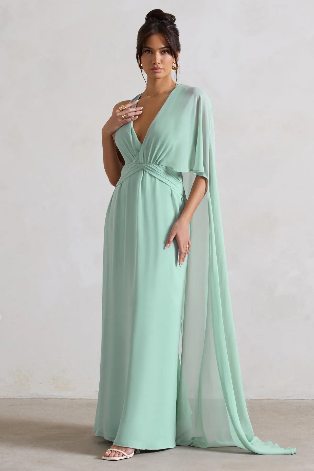 Elegant Mint Green Chiffon Prom Dresses Deep V Neck Cross Wrap Waist Asymmetric Cape Sleeve A Fusion of Grace and Drama