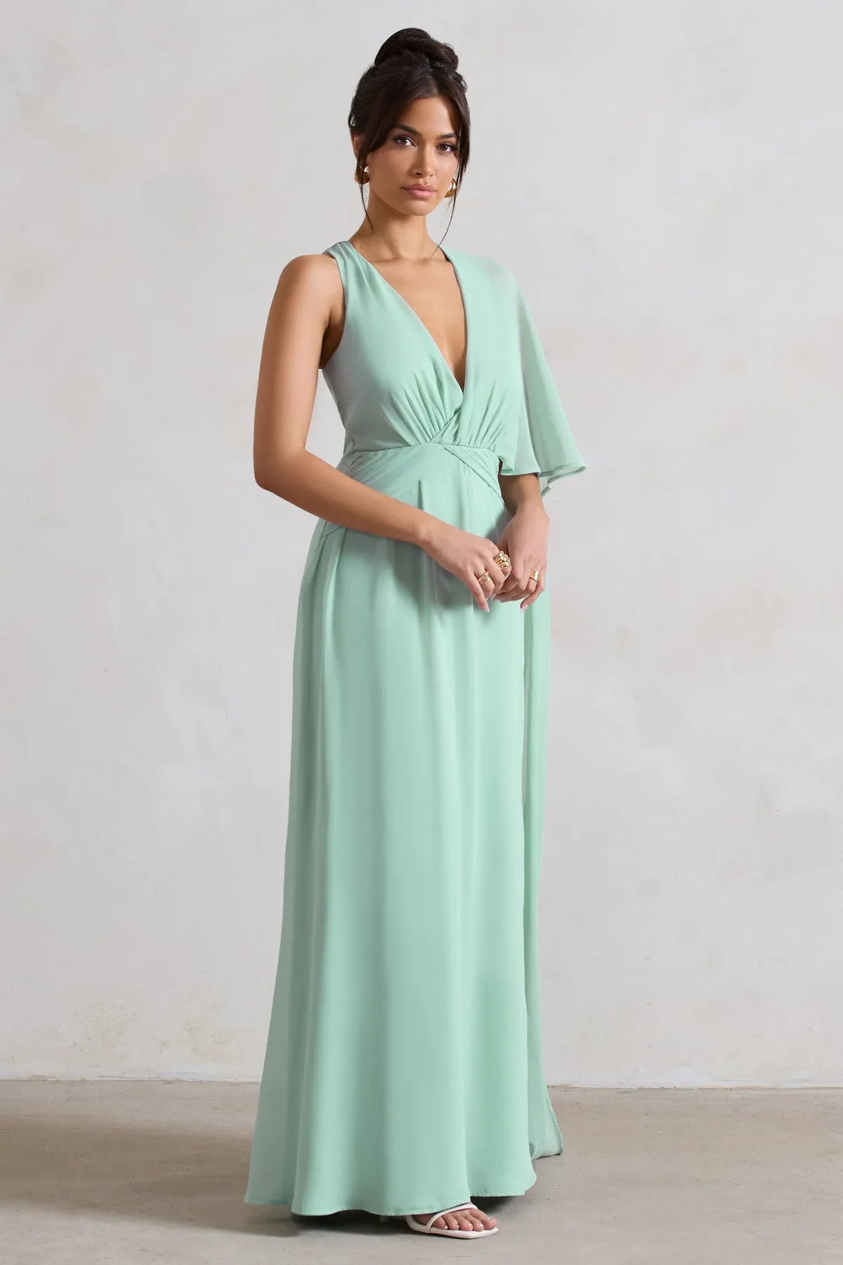 Elegant Mint Green Chiffon Prom Dresses Deep V Neck Cross Wrap Waist Asymmetric Cape Sleeve A Fusion of Grace and Drama