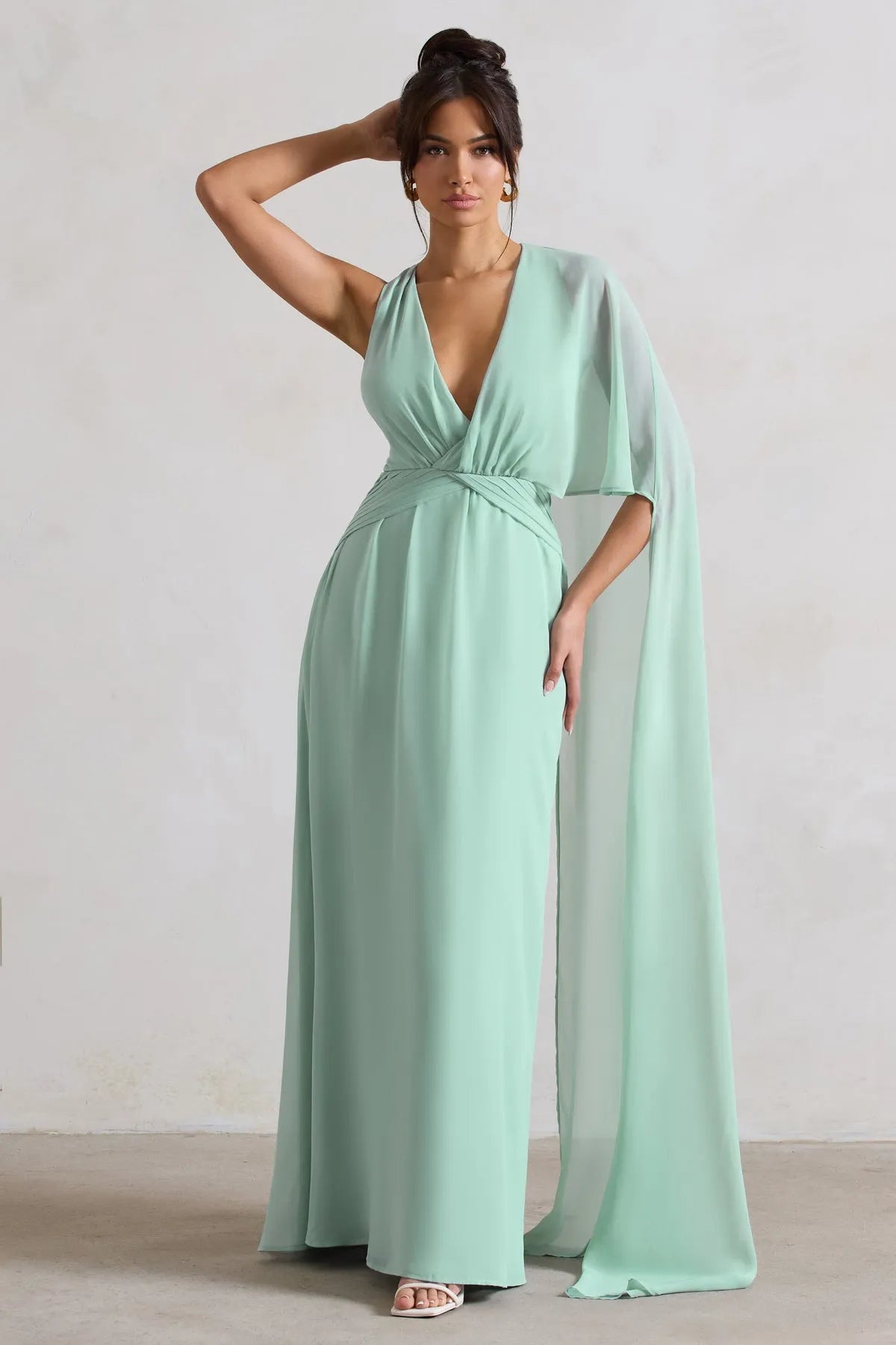 Elegant Mint Green Chiffon Prom Dresses Deep V Neck Cross Wrap Waist Asymmetric Cape Sleeve A Fusion of Grace and Drama