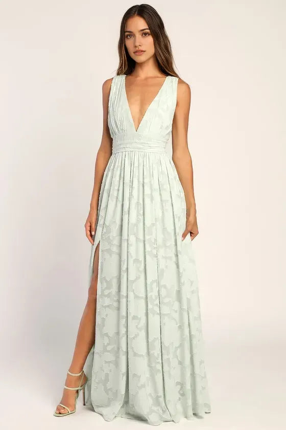 Elegant Mint Green Jacquard Prom Dress with Plunging V Neck High Side Slit  Perfect for Glamorous Evenings