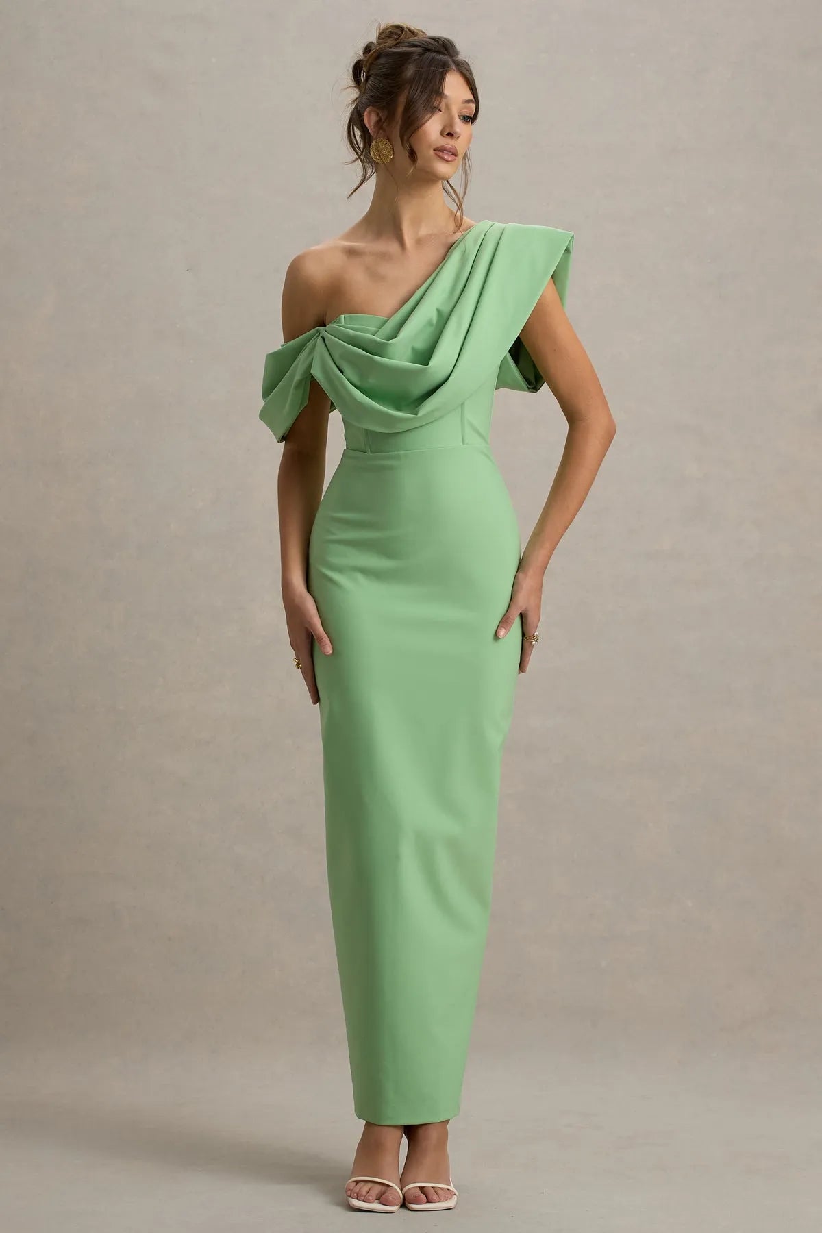 Elegant Mint Green One - Shoulder Prom Dress with Draped Ruffle Detail Bodycon Silhouette for Sophisticated Evening Events
