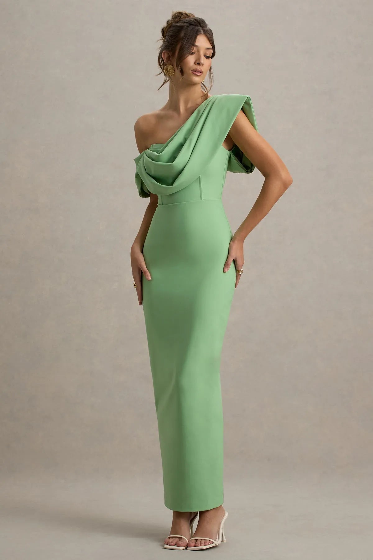 Elegant Mint Green One - Shoulder Prom Dress with Draped Ruffle Detail Bodycon Silhouette for Sophisticated Evening Events