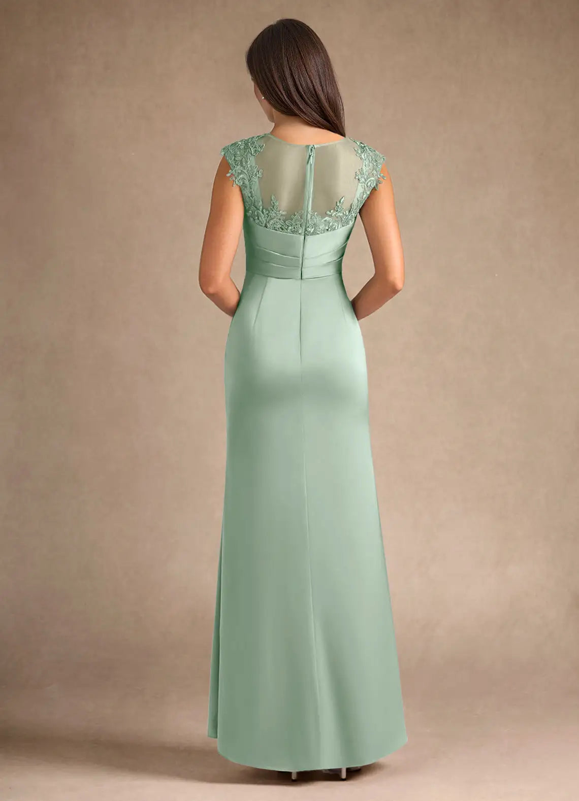 Elegant Mint Green Satin Mother of the Bride Dress with Lace Embroidered Bodice Sleeveless Sheer Top High - Slit Ruched Skirt