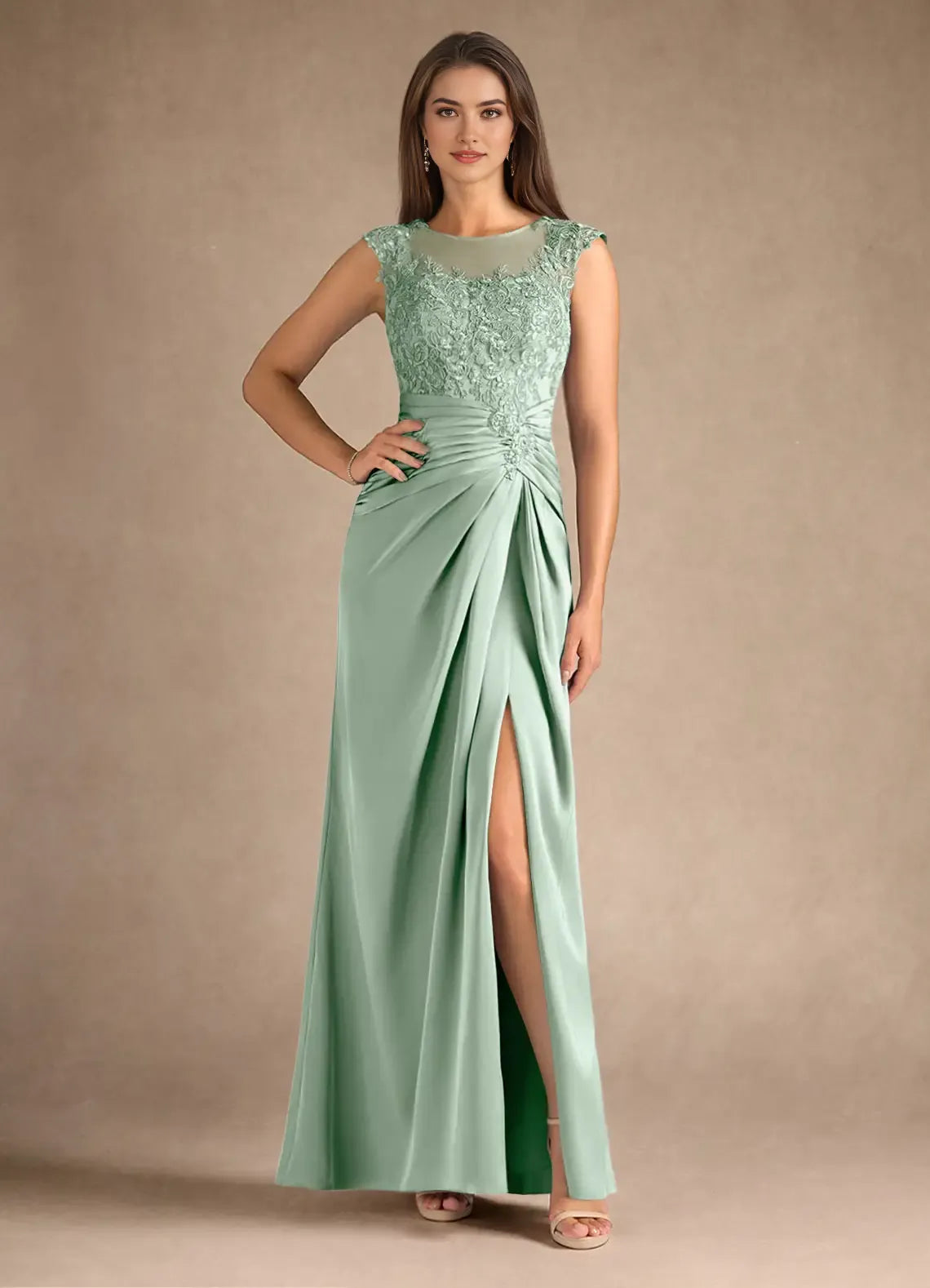 Elegant Mint Green Satin Mother of the Bride Dress with Lace Embroidered Bodice Sleeveless Sheer Top High - Slit Ruched Skirt