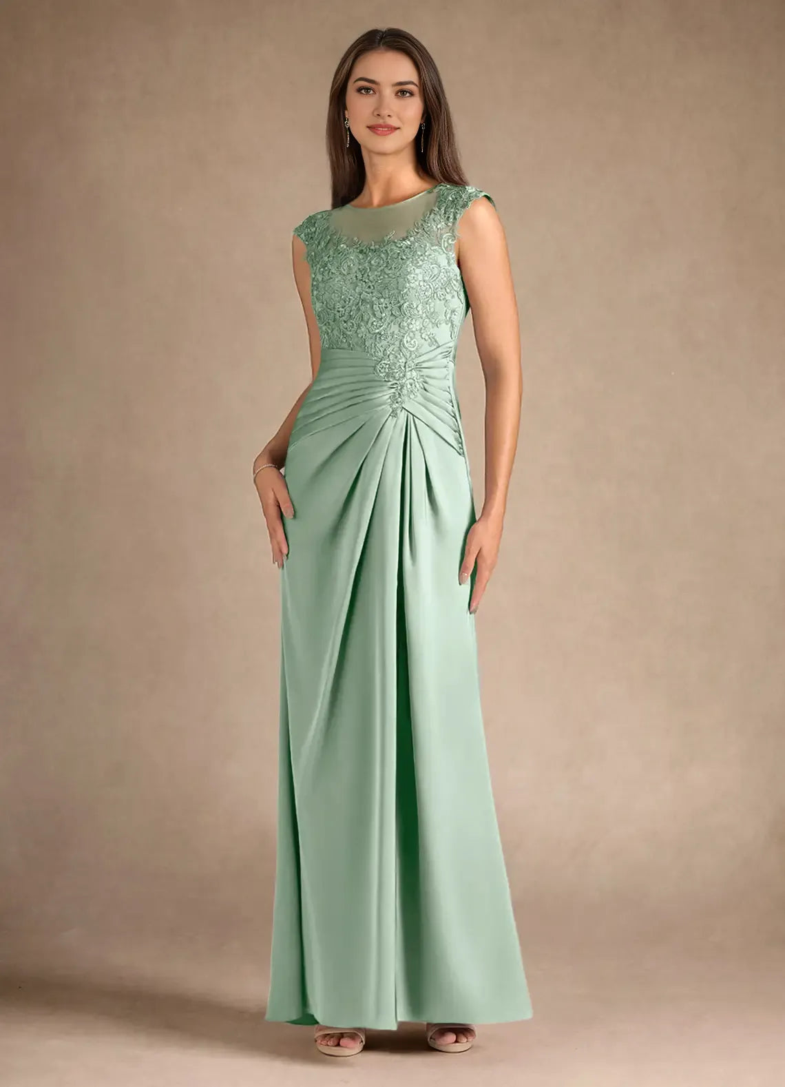 Elegant Mint Green Satin Mother of the Bride Dress with Lace Embroidered Bodice Sleeveless Sheer Top High - Slit Ruched Skirt