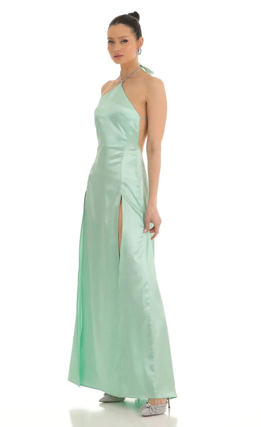Elegant Mint Green Satin Prom Gown featuring Halter Neckline Side Slits and Back Bow Accent to Elevate Your Prom Night
