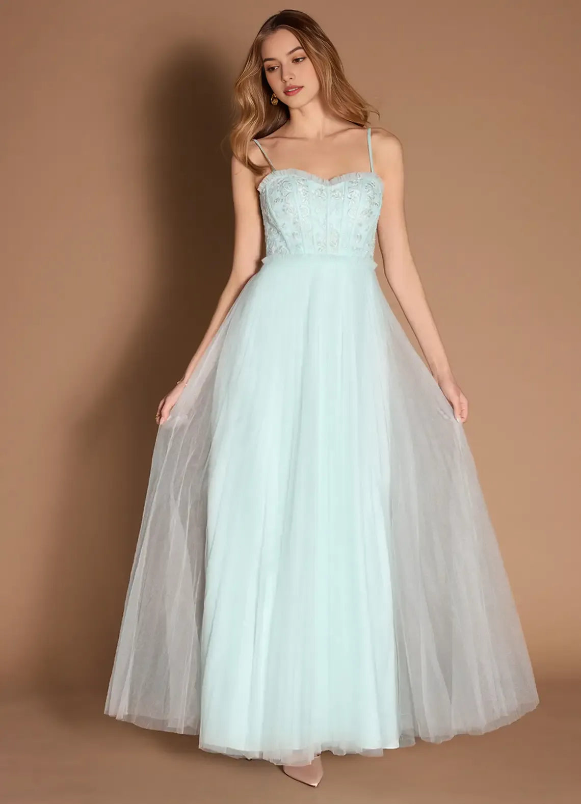 Elegant Mint Green Tulle Prom Dress with Spaghetti Straps Embroidered Bodice and Flowy Skirt for Formal Occasions