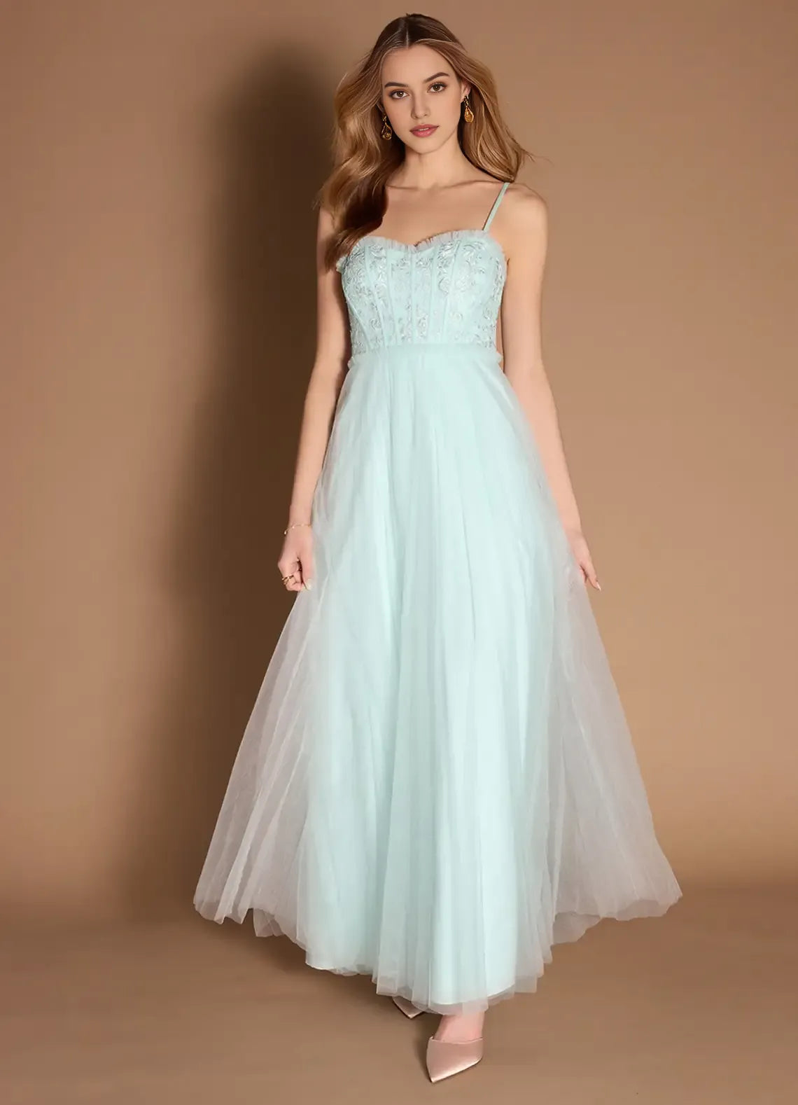 Elegant Mint Green Tulle Prom Dress with Spaghetti Straps Embroidered Bodice and Flowy Skirt for Formal Occasions