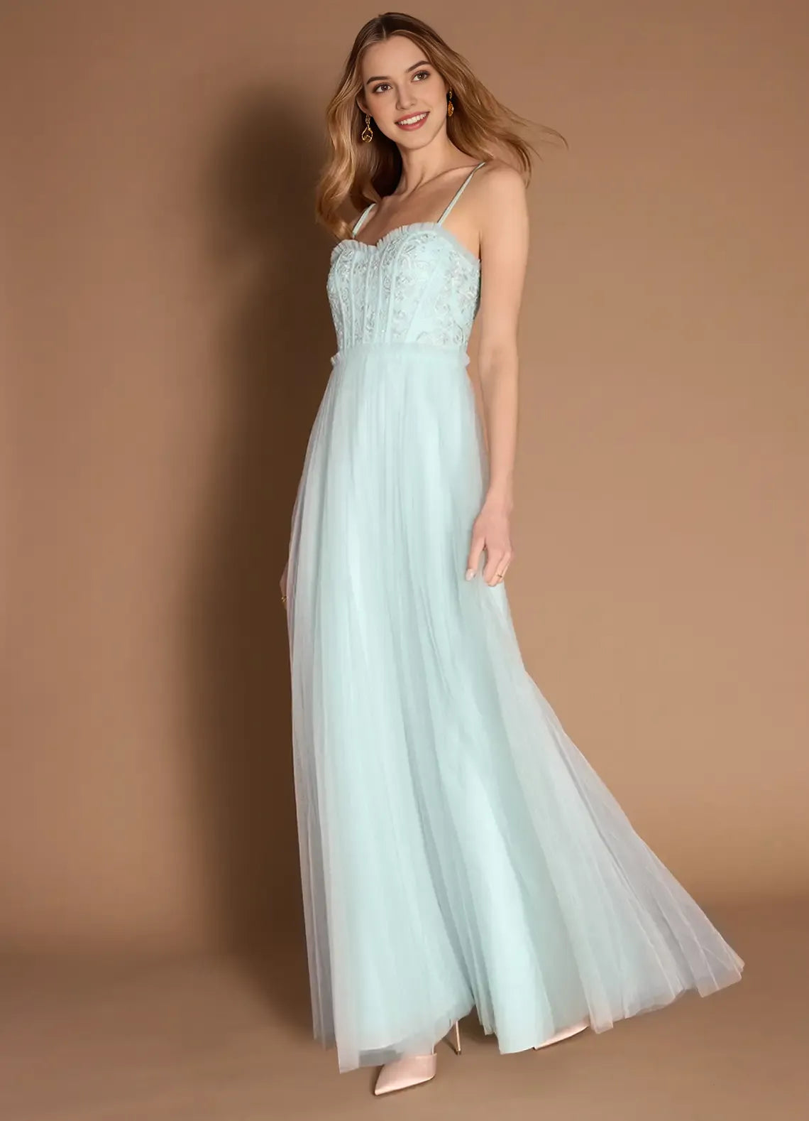Elegant Mint Green Tulle Prom Dress with Spaghetti Straps Embroidered Bodice and Flowy Skirt for Formal Occasions