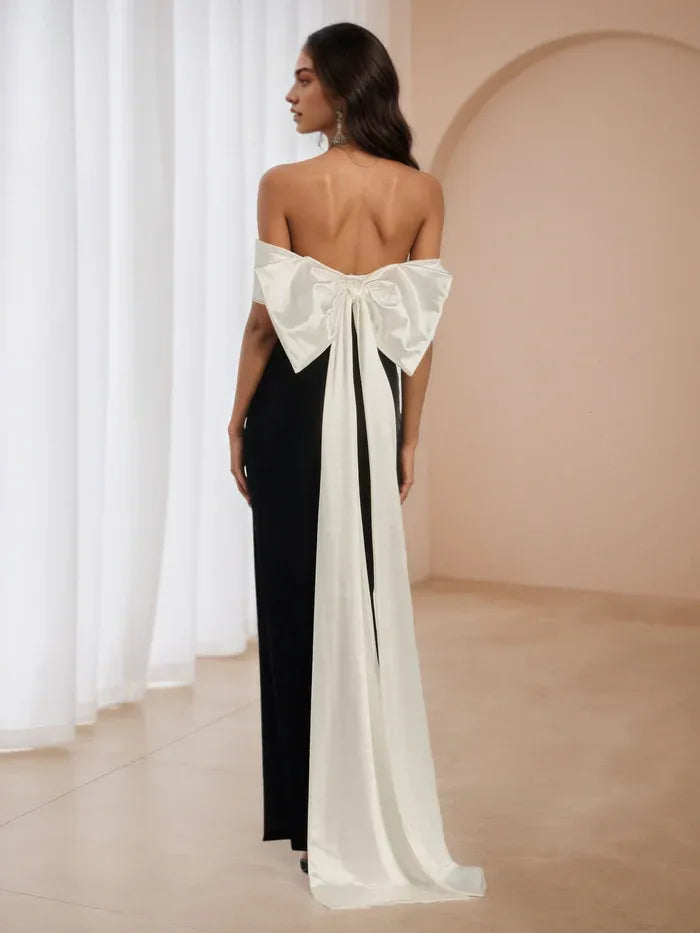 Elegant Monochrome Contrast Prom Dress Off - Shoulder Velvet Satin Bow for Red Carpet Events