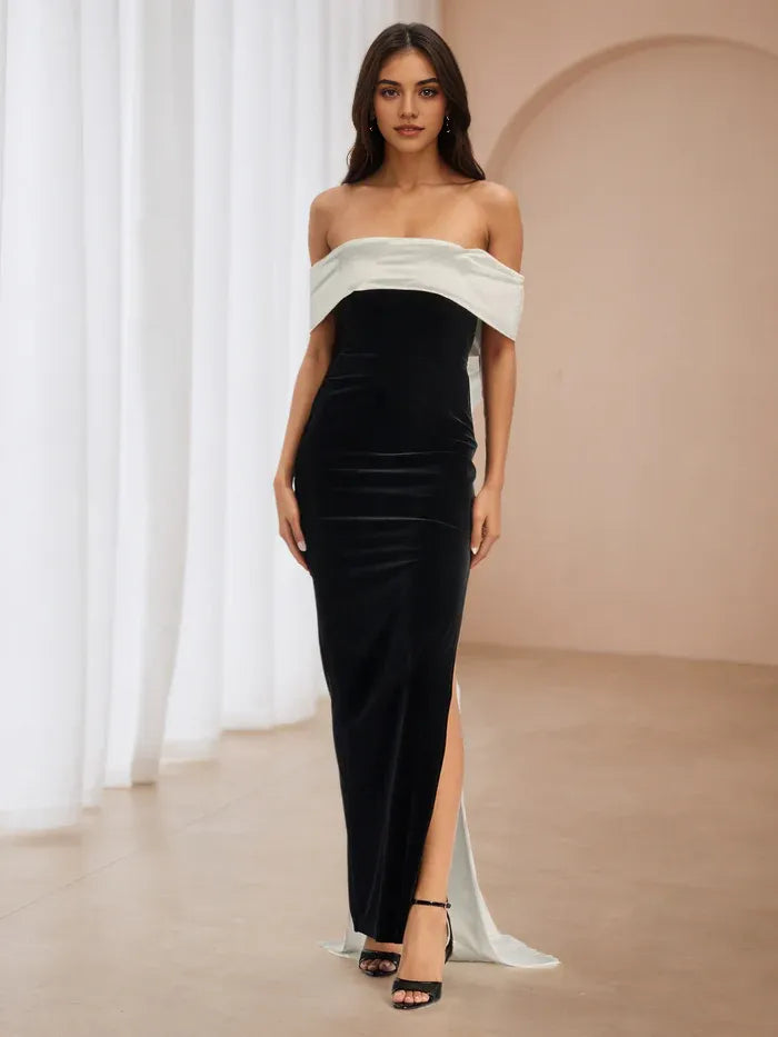 Elegant Monochrome Contrast Prom Dress Off - Shoulder Velvet Satin Bow for Red Carpet Events