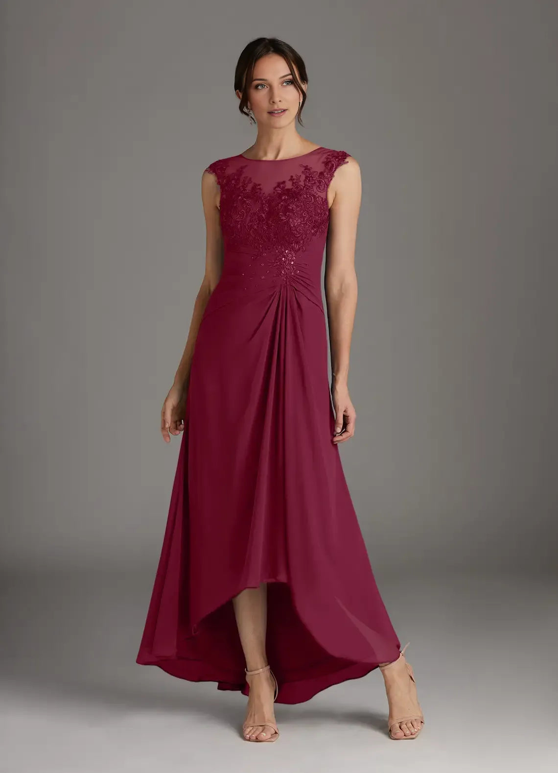 Elegant Mulberry A-Line Scoop Lace Chiffon Mother of the Bride Dress with Sheer Bodice Sleeveless Design Pleated Skirt for mother of the bride for sale