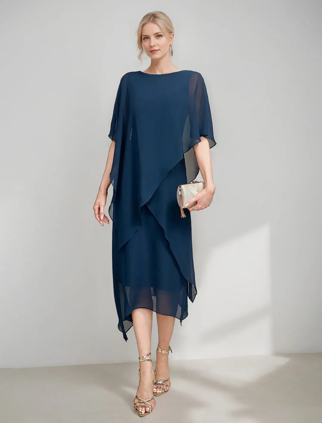 Elegant Navy A-Line Shift Boat-Neck Cape Sleeves Back Zip Asymmetrical-Hem Chiffon Mother of the Bride Dresses