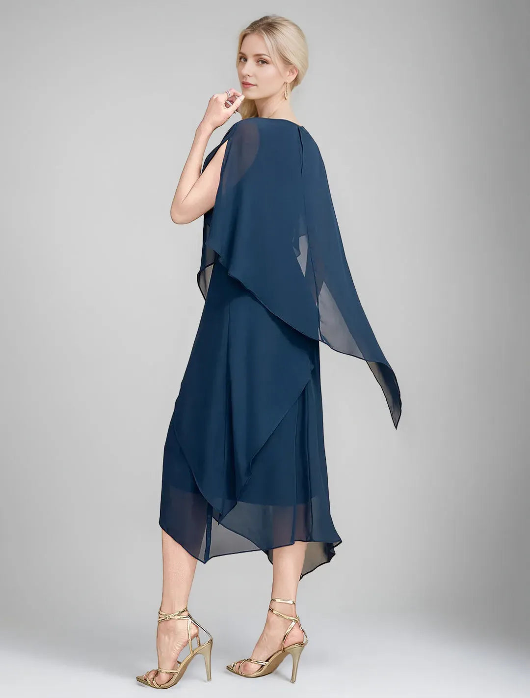 Elegant Navy A-Line Shift Boat-Neck Cape Sleeves Back Zip Asymmetrical-Hem Chiffon Mother of the Bride Dresses