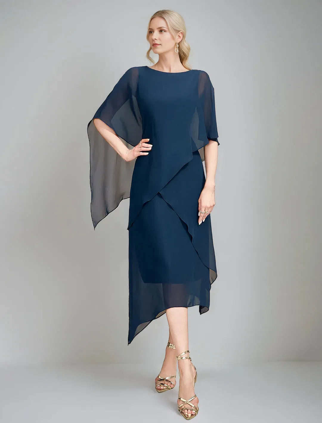 Elegant Navy A-Line Shift Boat-Neck Cape Sleeves Back Zip Asymmetrical-Hem Chiffon Mother of the Bride Dresses