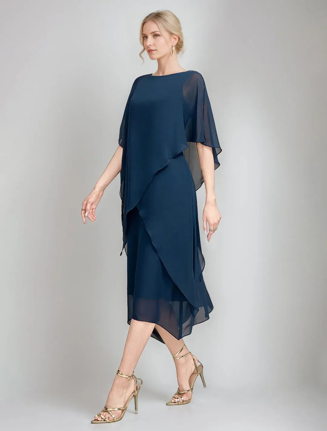 Elegant Navy A-Line Shift Boat-Neck Cape Sleeves Back Zip Asymmetrical-Hem Chiffon Mother of the Bride Dresses