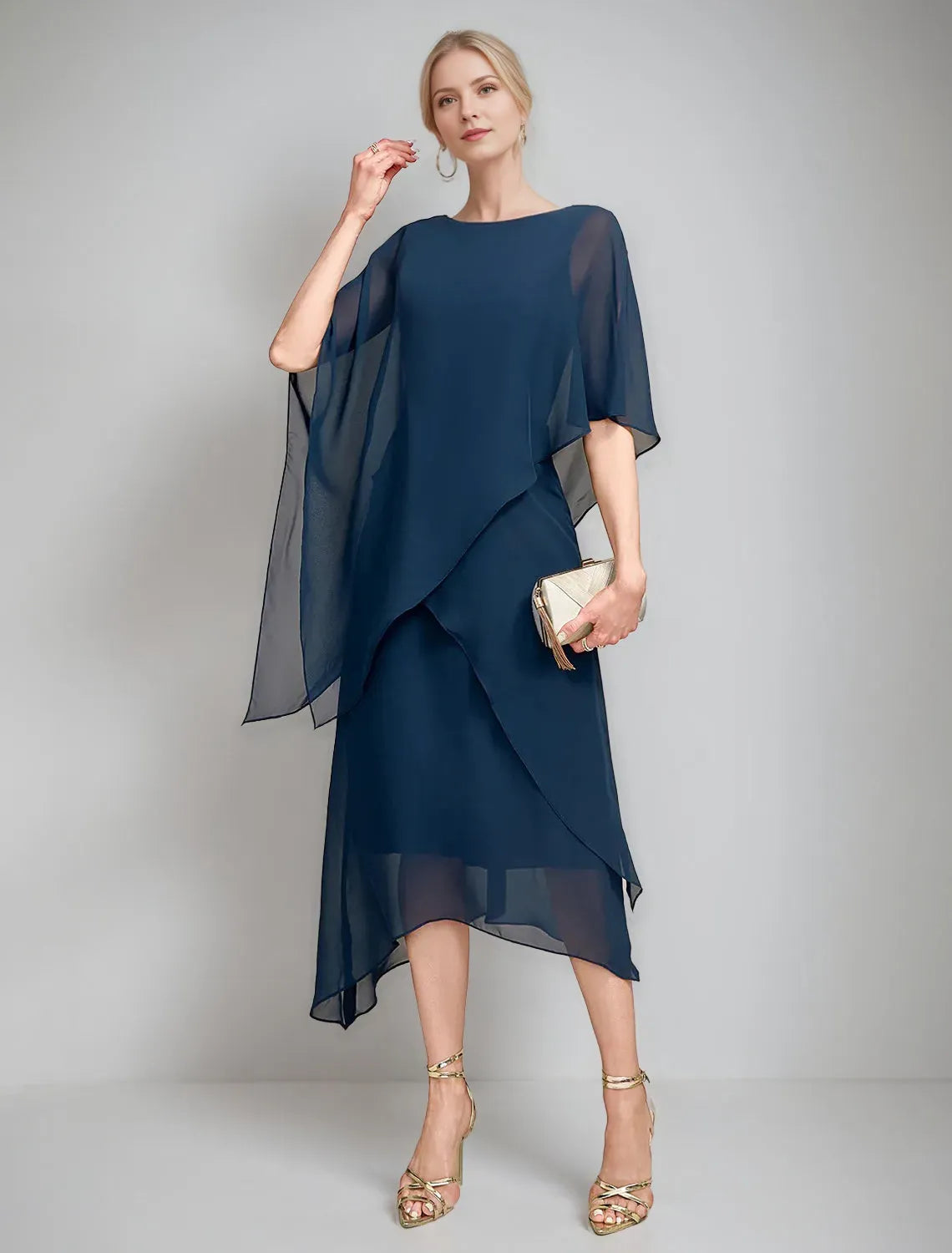 Elegant Navy A-Line Shift Boat-Neck Cape Sleeves Back Zip Asymmetrical-Hem Chiffon Mother of the Bride Dresses