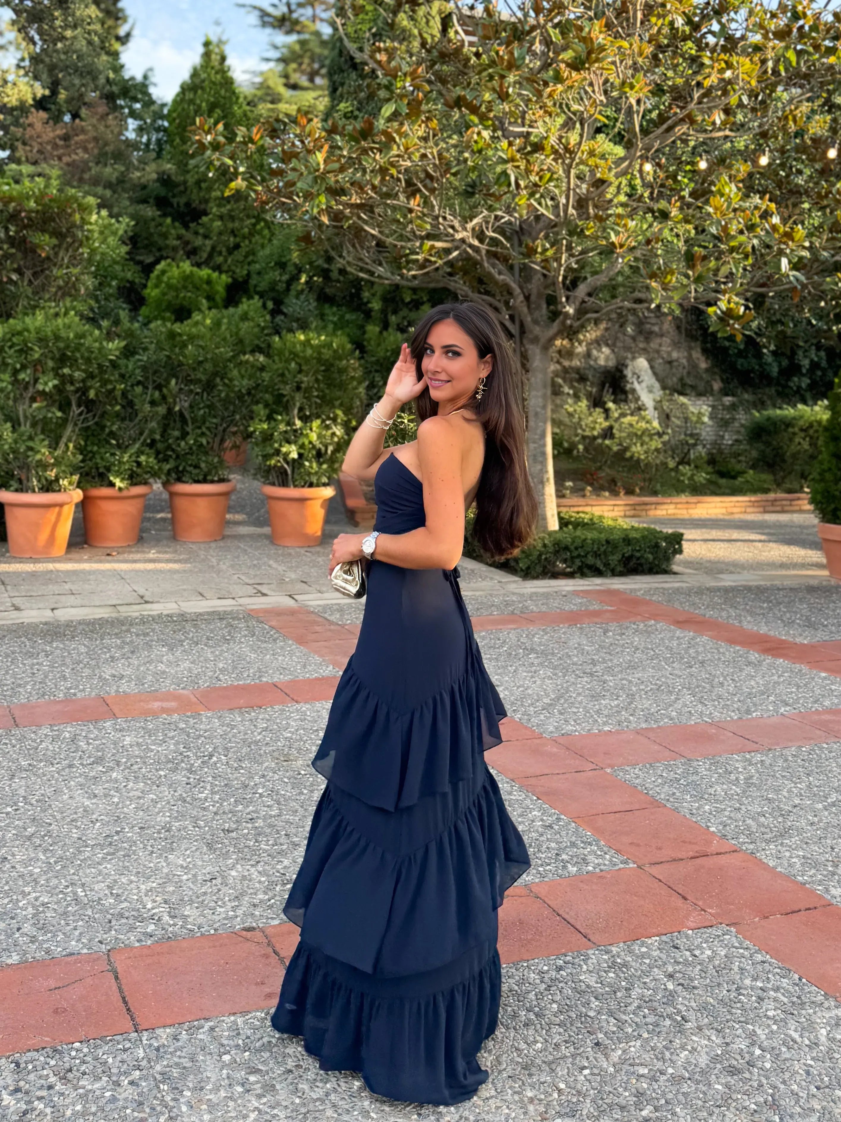 Elegant Navy Ballgown Strapless Sleeveless Tie Back Floor Length Formal Tiered Chiffon Prom Dresses