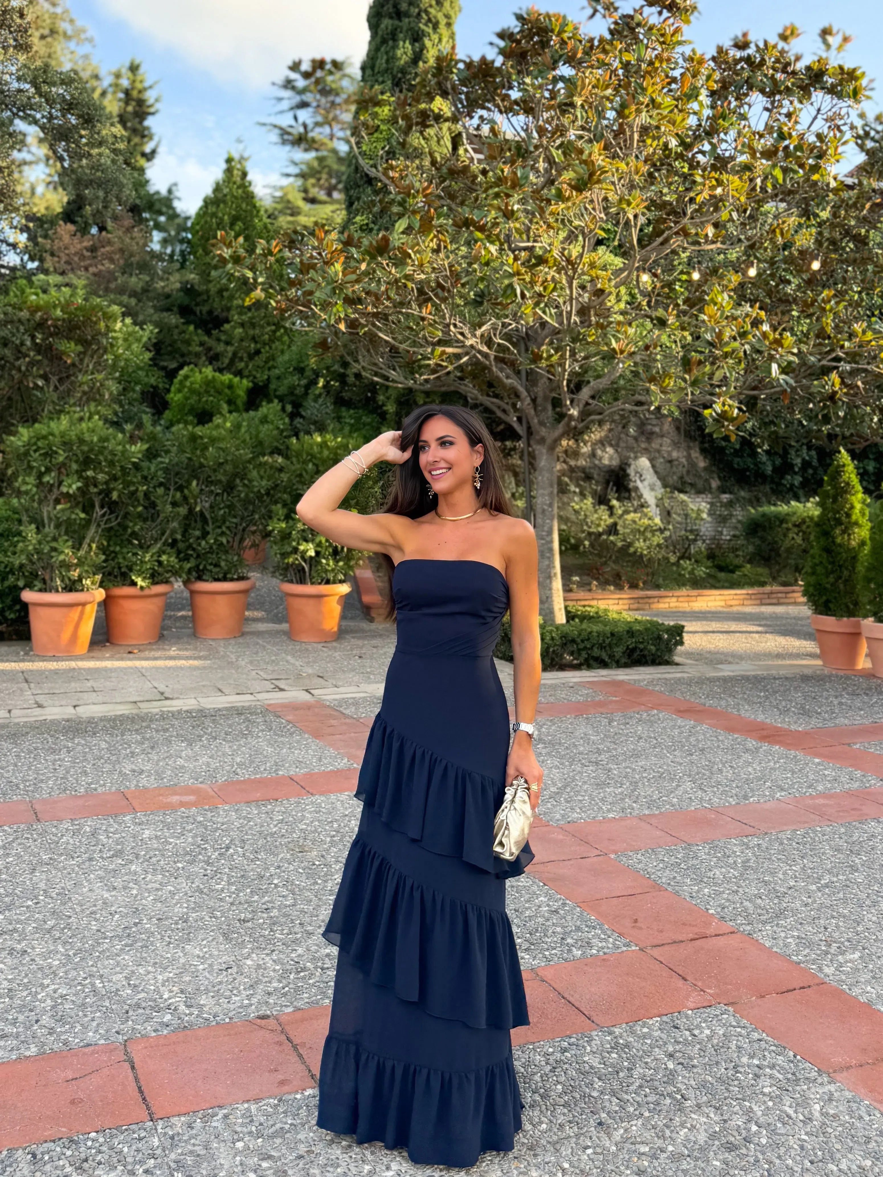 Elegant Navy Ballgown Strapless Sleeveless Tie Back Floor Length Formal Tiered Chiffon Prom Dresses