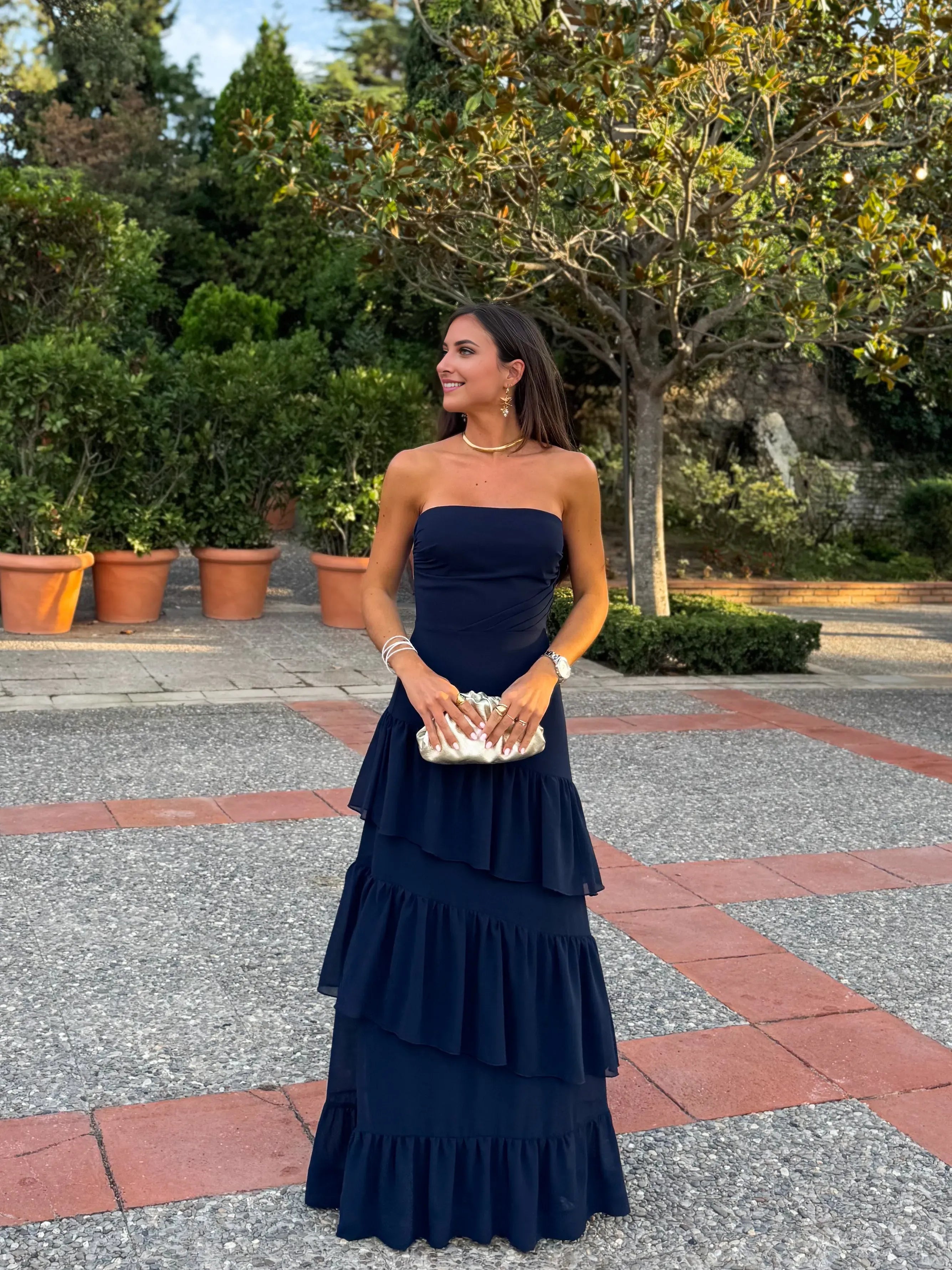 Elegant Navy Ballgown Strapless Sleeveless Tie Back Floor Length Formal Tiered Chiffon Prom Dresses