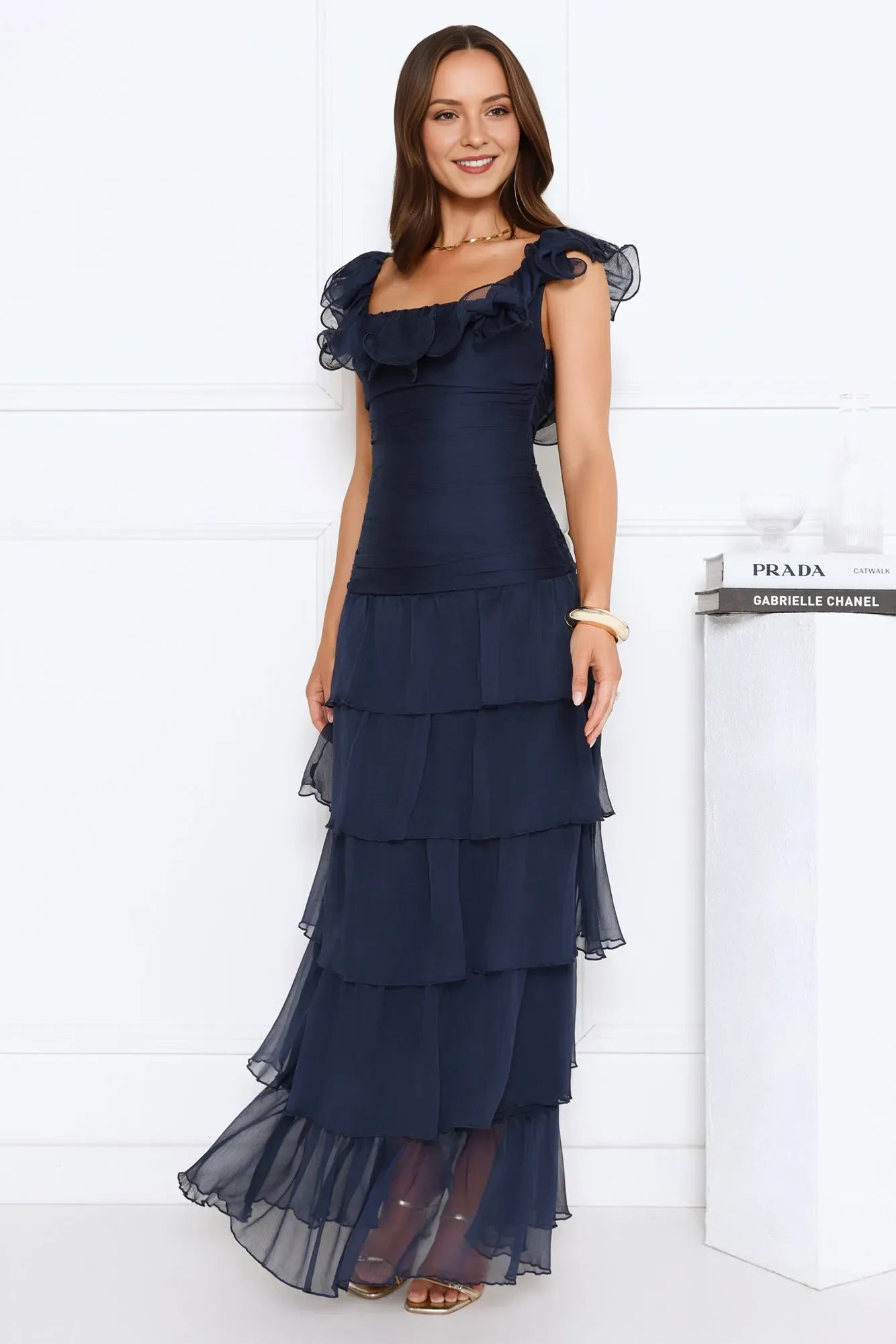 Elegant Navy Blue A-Line Square Neck Ruffled Sleeve Ankle-Length Tiered Chiffon Prom Dresses