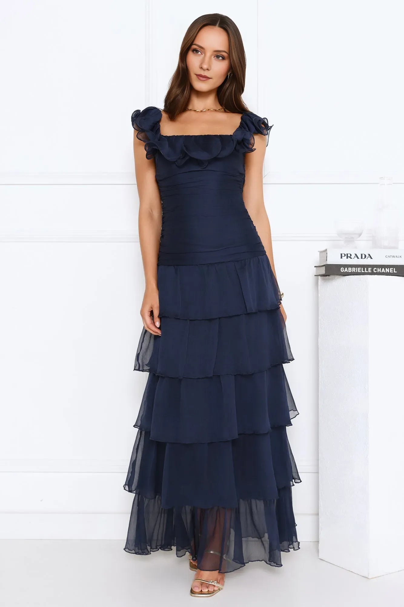 Elegant Navy Blue A-Line Square Neck Ruffled Sleeve Ankle-Length Tiered Chiffon Prom Dresses