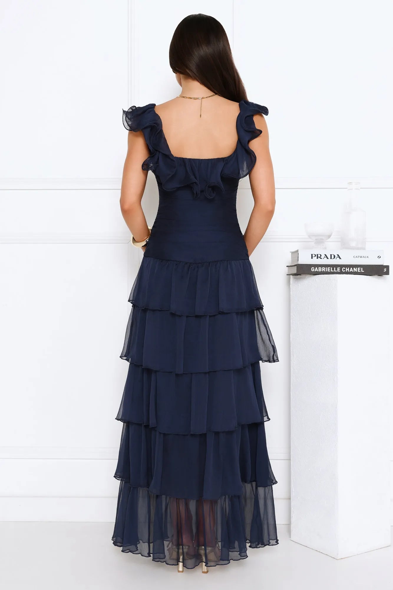 Elegant Navy Blue A-Line Square Neck Ruffled Sleeve Ankle-Length Tiered Chiffon Prom Dresses