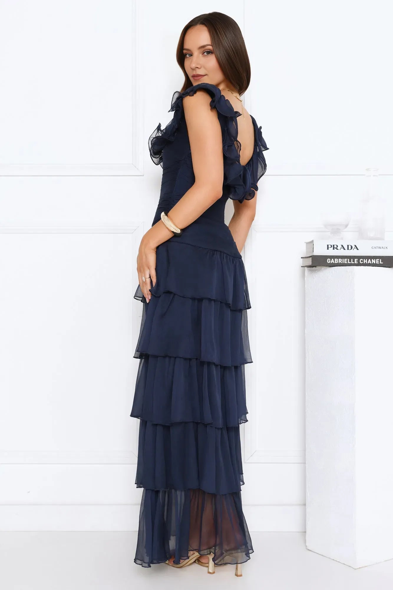 Elegant Navy Blue A-Line Square Neck Ruffled Sleeve Ankle-Length Tiered Chiffon Prom Dresses