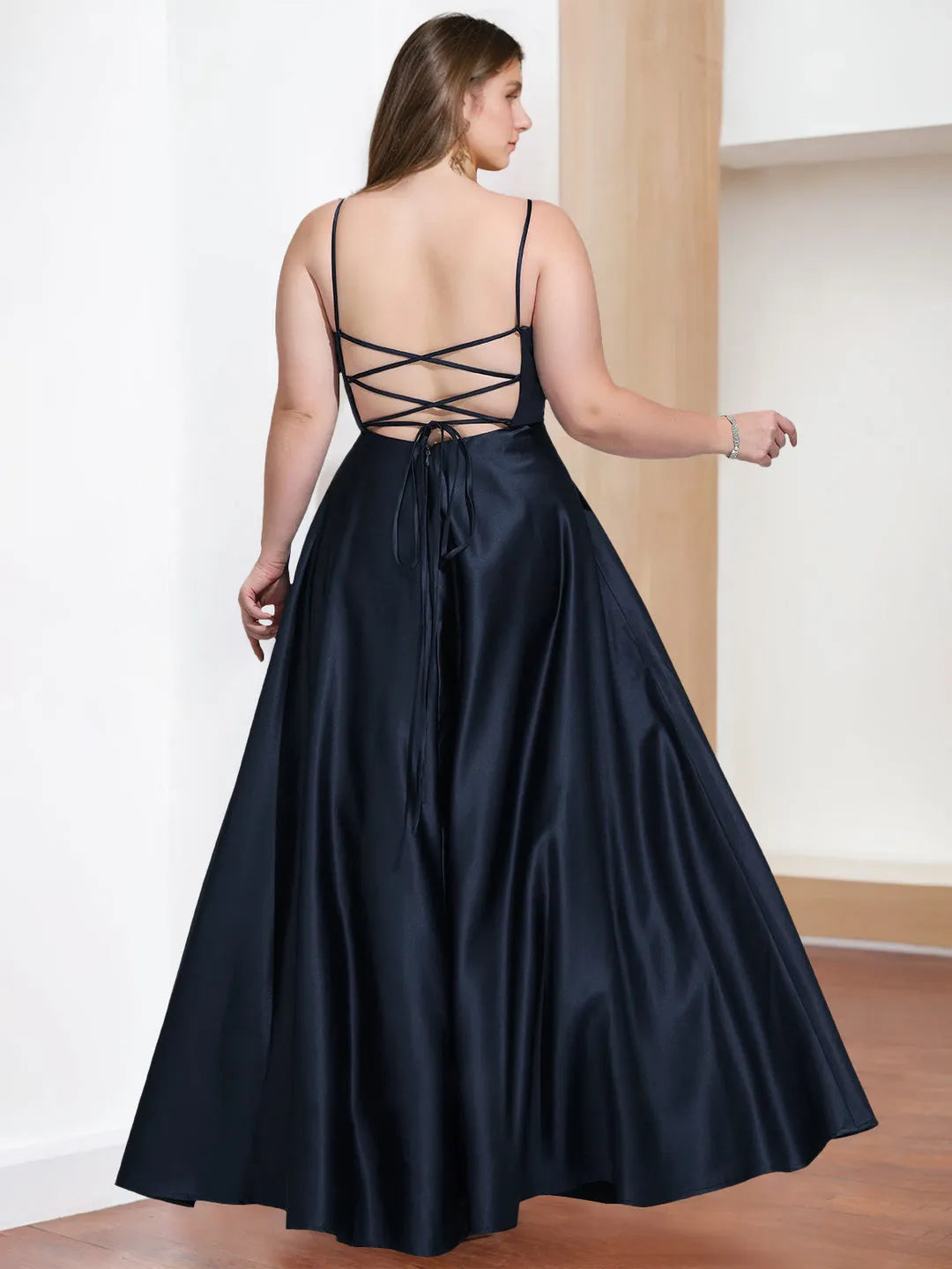 Elegant Navy Blue A-Line V-Neck Spaghetti Straps Lace-Up-Back Satin Slit Floor-Length Plus Size prom Dresses with Split Side