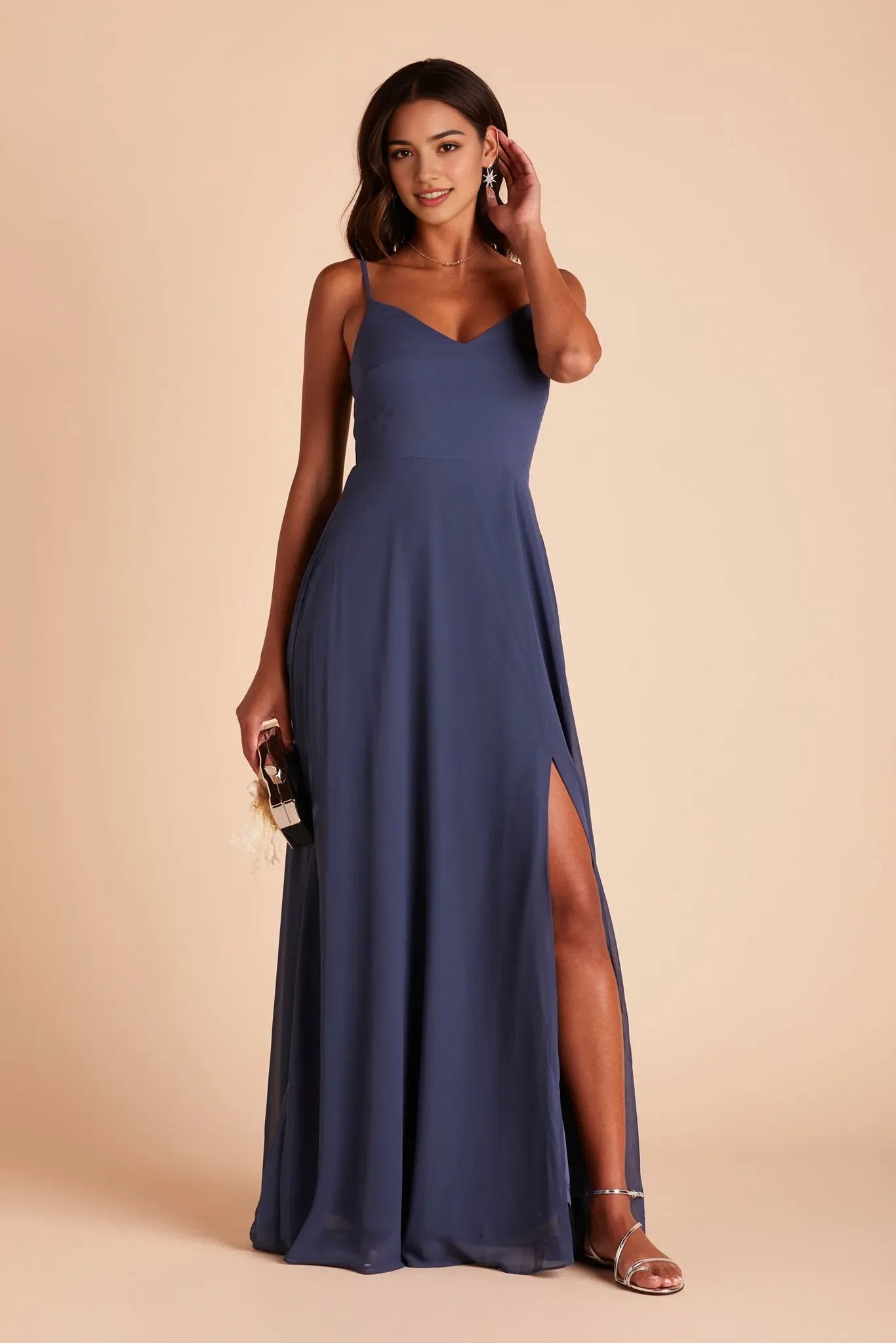 Elegant Navy Blue Chiffon Bridesmaid Dress with Cold Shoulder Sleeves Side Slit Formal Evening Gown for Balls, Galas, and Wedding Parties