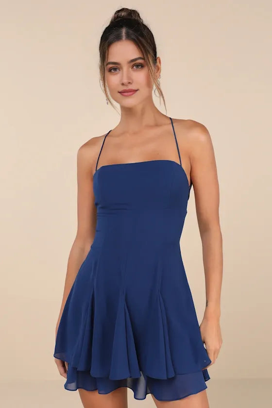 Elegant Navy Blue Chiffon Homecoming Dress with Thin Straps Tiered Skirt - Perfect for School Dances