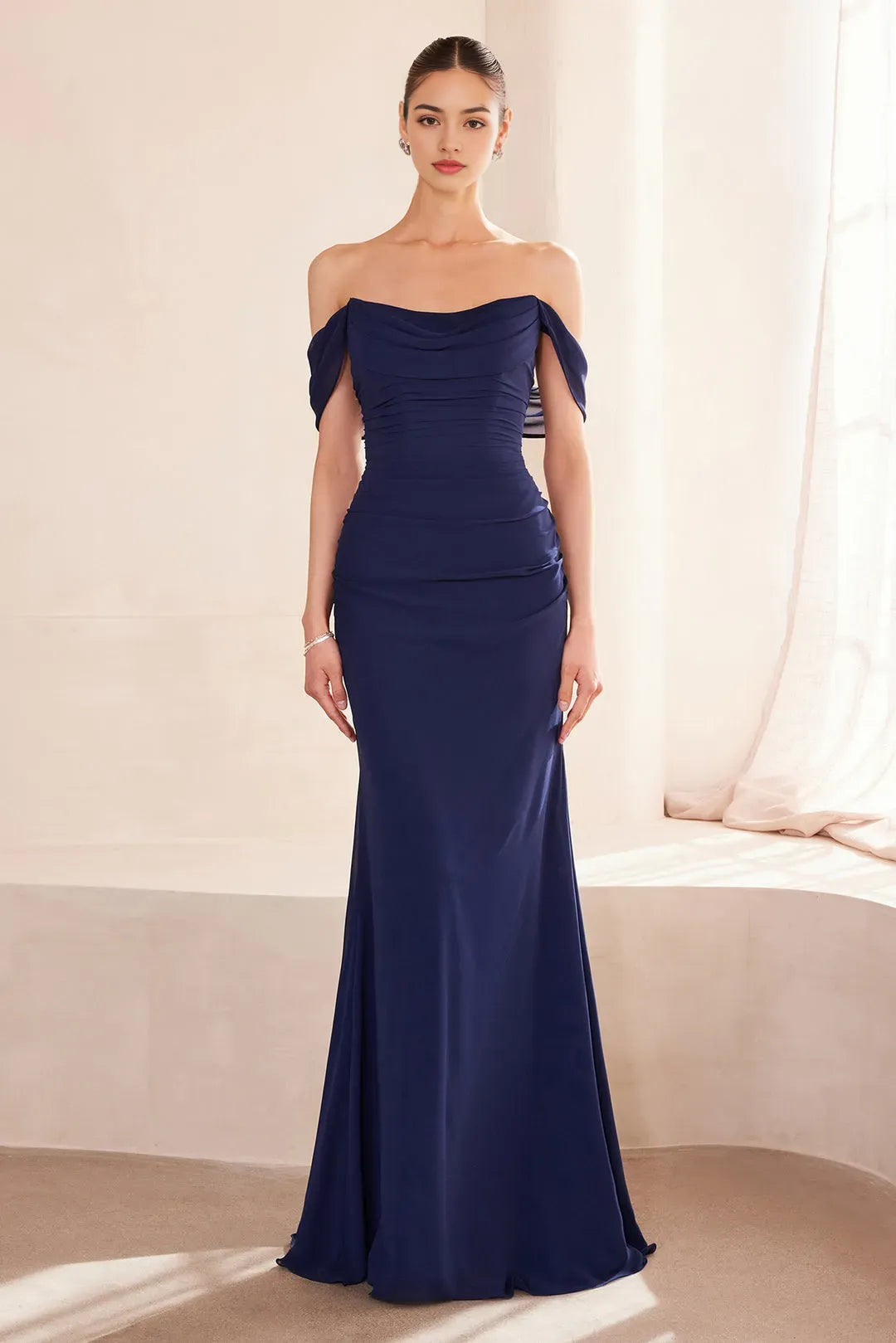 Elegant Navy Blue Chiffon Off - Shoulder Mermaid Prom Dress for Graceful Evenings