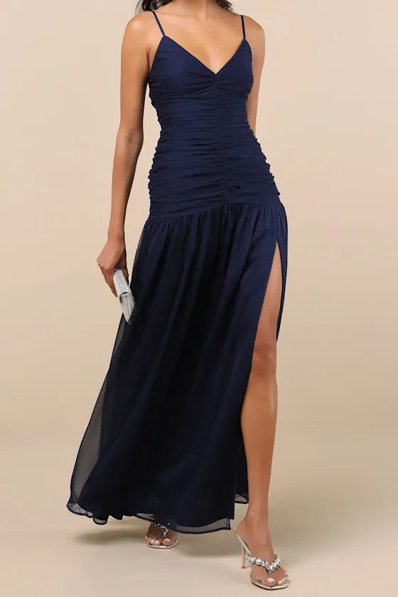 Elegant Navy Blue Chiffon Prom Dress with Spaghetti Straps Ruched Bodice Tiered Skirt and High Thigh Side Slit for Formal Occasions