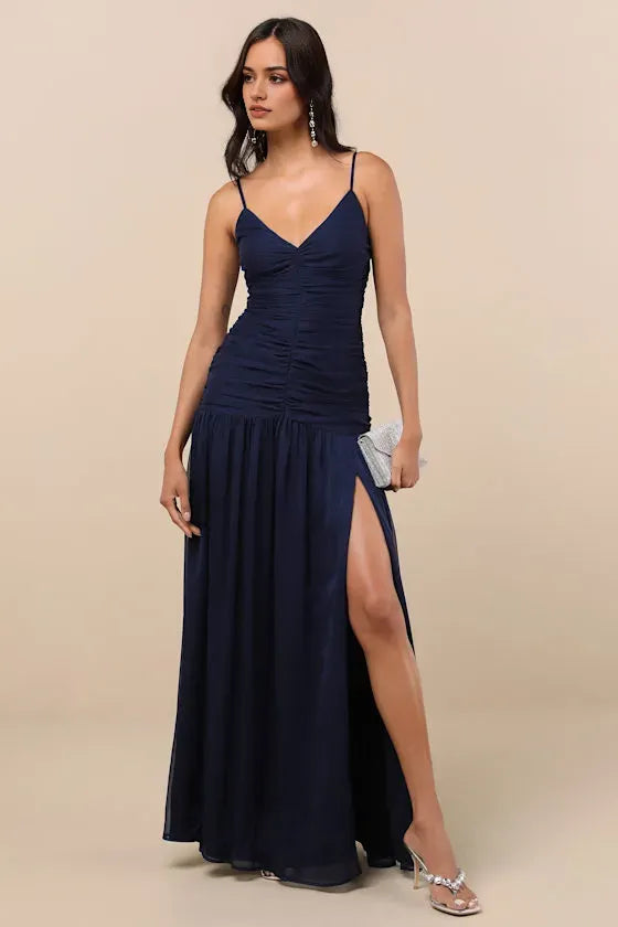 Elegant Navy Blue Chiffon Prom Dress with Spaghetti Straps Ruched Bodice Tiered Skirt and High Thigh Side Slit for Formal Occasions
