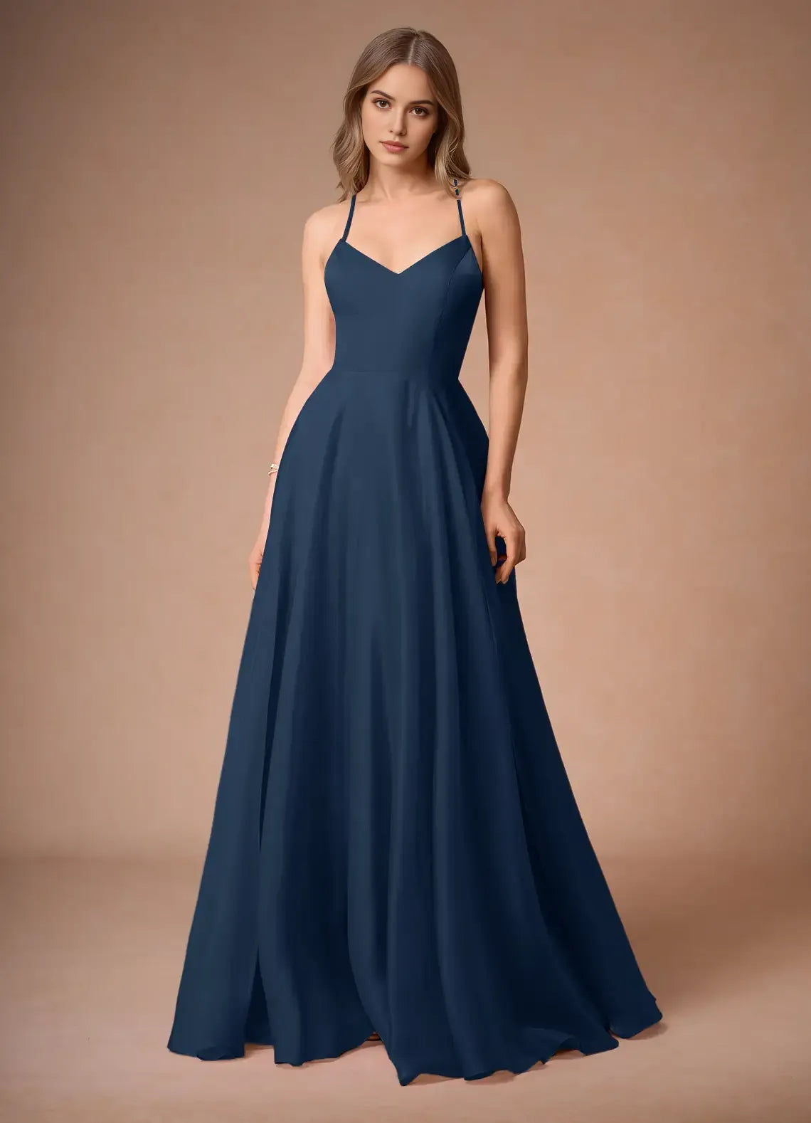 Elegant Navy Blue Chiffon Prom Dress with Spaghetti Straps Sweetheart Neckline and Flowy A - Line Skirt for Forma