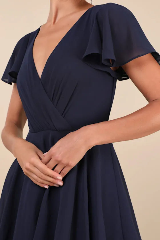 Elegant Navy Blue Chiffon Tiered Evening Dresses with Surplice V Neck Flutter Sleeves  Perfe