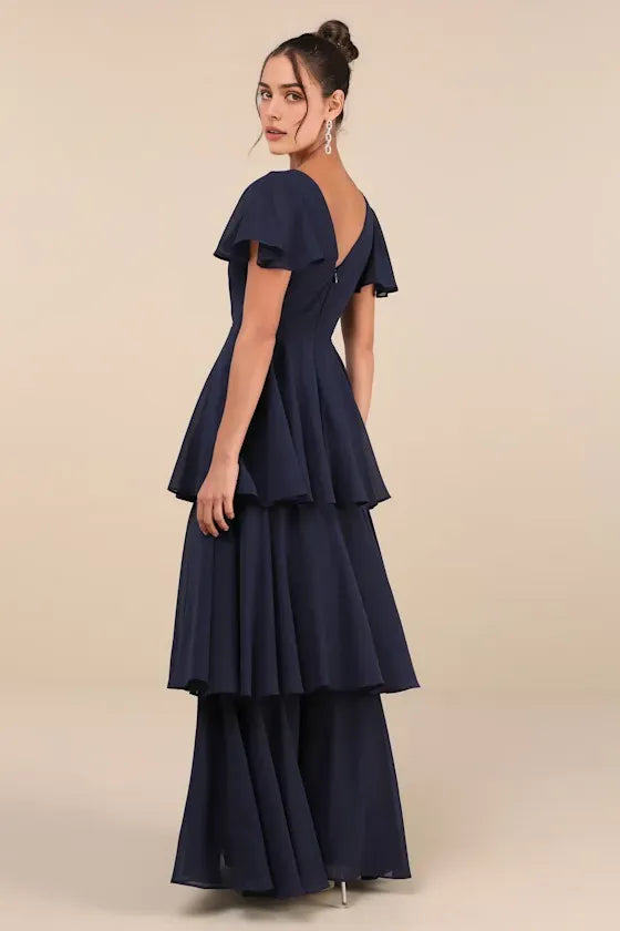 Elegant Navy Blue Chiffon Tiered Evening Dresses with Surplice V Neck Flutter Sleeves  Perfe