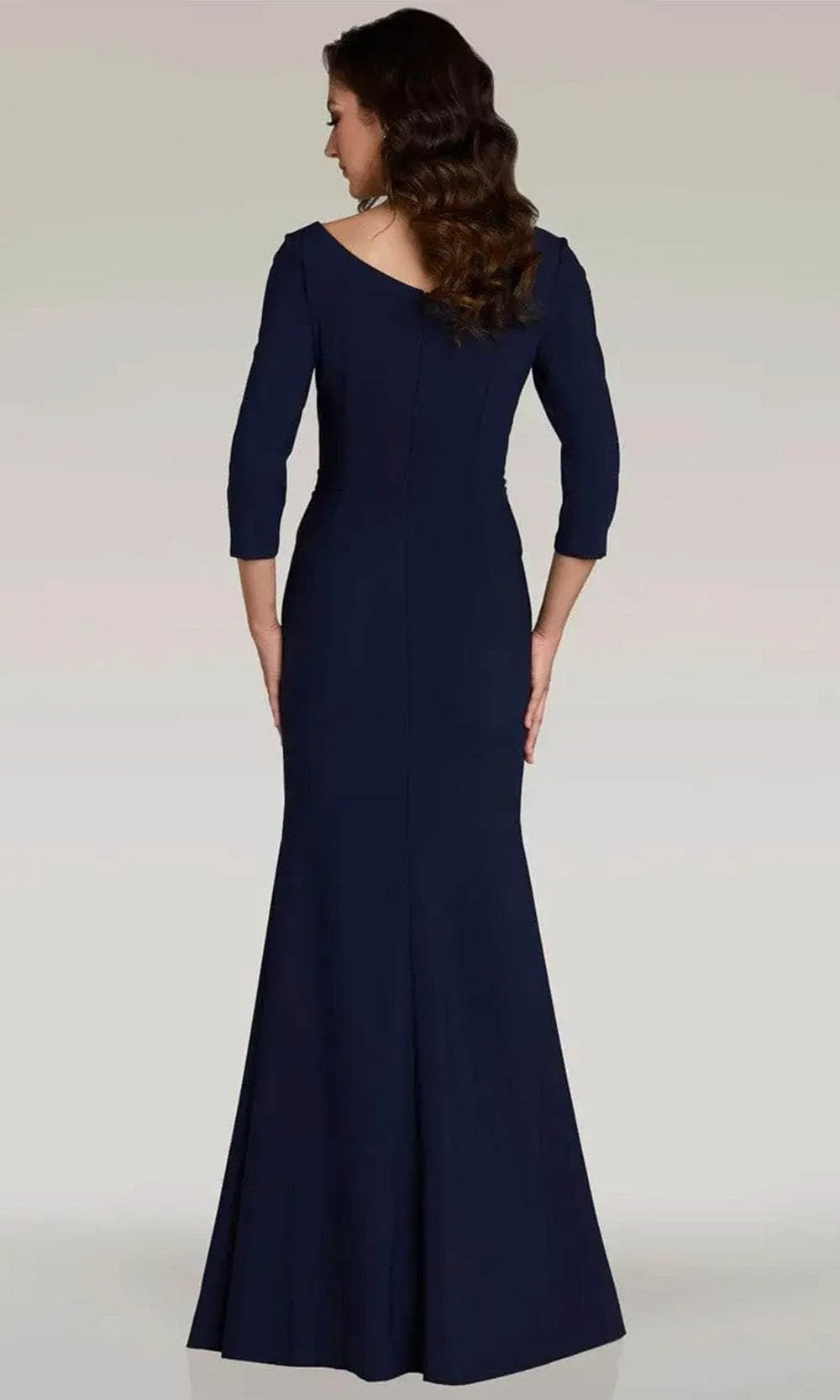 Elegant Navy Blue Evening Gown with V - Neckline 3/4 Sleeves Draped Waist Detail Floral Applique and High Side Slit for Formal Galas